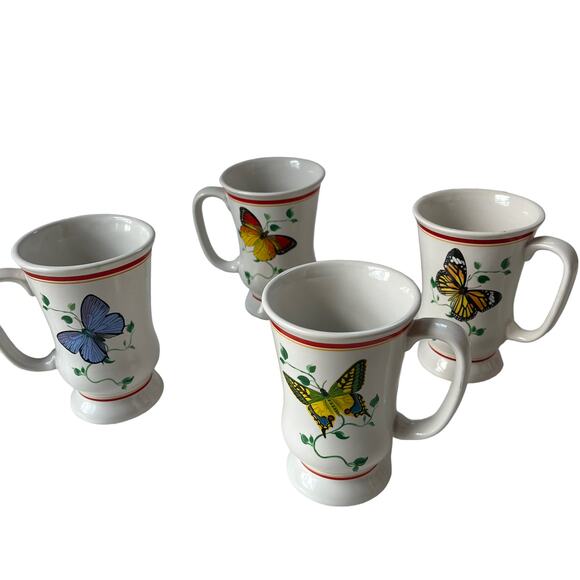BUTTERFLY AND IVY Coffee Tea Set of 4 Mug Cup 10oz Pedestal Footed Porcelain B.I - Picture 1 of 16